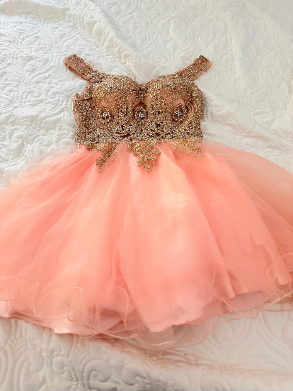 Dancing Queen Peach Pink Tulle Dress with Gold Beaded Bodice